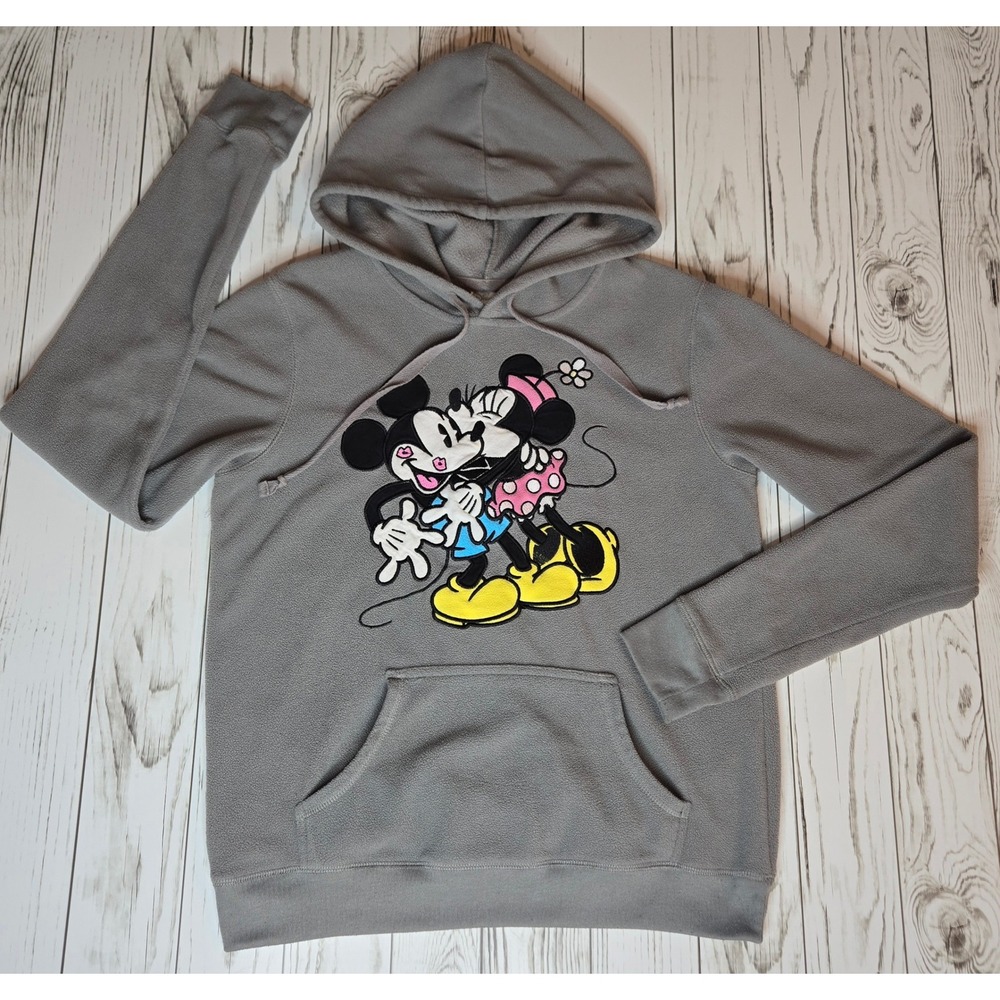 Disney Mickey Minnie Mouse Graphic Gray Fleece Hoodie Women's Size M